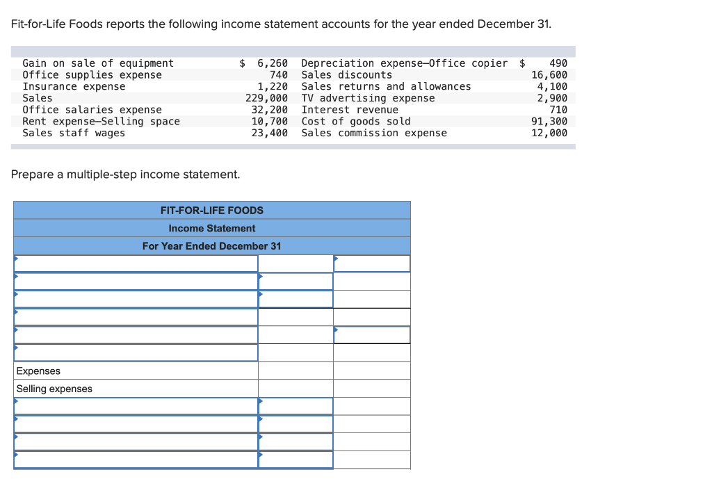 Fit for life foods income statement